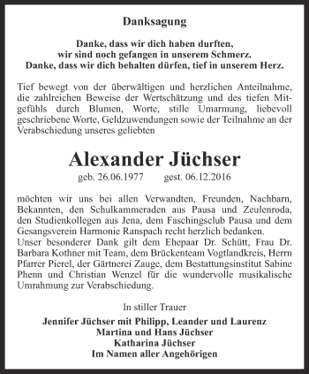 Traueranzeige von Alexander Jüchser von Ostthüringer Zeitung