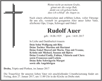 Traueranzeige von Rudolf Auer von Ostthüringer Zeitung