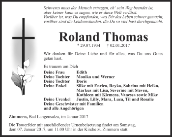 Traueranzeige von Roland Thomas von Thüringer Allgemeine, Thüringische Landeszeitung