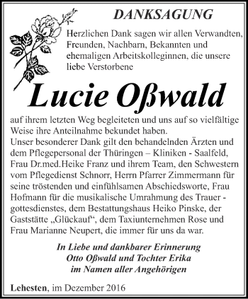 Traueranzeige von Lucie Oßwald von Ostthüringer Zeitung