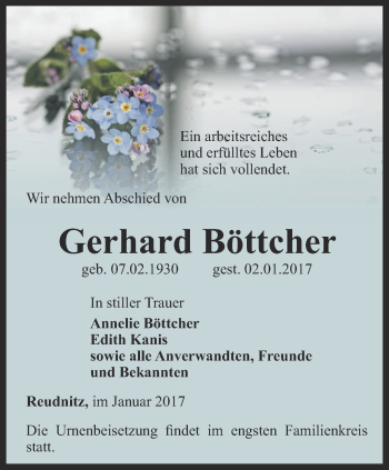 Traueranzeige von Gerhard Böttcher von Ostthüringer Zeitung