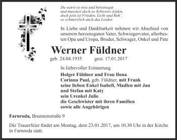 Traueranzeige von Werner Füldner von Thüringer Allgemeine, Thüringische Landeszeitung