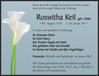 Traueranzeige von Roswitha Keil von Ostthüringer Zeitung