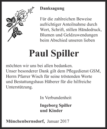 Traueranzeige von Paul Spiller von Ostthüringer Zeitung
