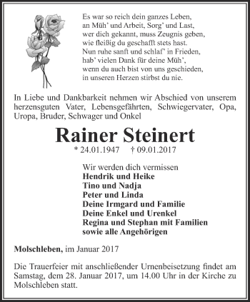 Traueranzeige von Rainer Steinert von Ostthüringer Zeitung, Thüringische Landeszeitung