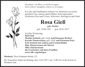 Traueranzeige von Rosa Gieß von Thüringer Allgemeine, Thüringische Landeszeitung