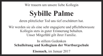 Traueranzeige von Sybille Palme von Thüringer Allgemeine, Thüringische Landeszeitung