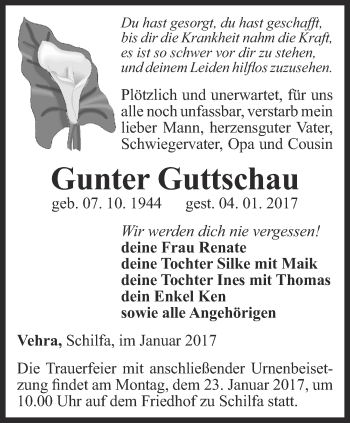 Traueranzeige von Gunter Guttschau von Thüringer Allgemeine