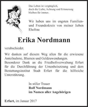Traueranzeige von Erika Nordmann von Thüringer Allgemeine, Thüringische Landeszeitung