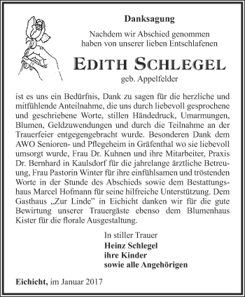 Traueranzeige von Edith Schlegel von Ostthüringer Zeitung