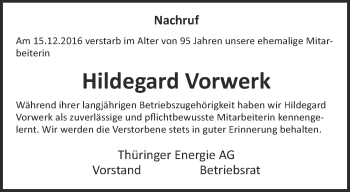 Traueranzeige von Hildegard Vorwerk von Ostthüringer Zeitung, Thüringische Landeszeitung