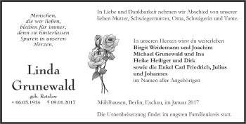 Traueranzeige von Linda Grunewald von Thüringer Allgemeine, Thüringische Landeszeitung