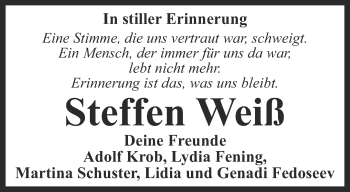 Traueranzeige von Steffen Weiß von Ostthüringer Zeitung