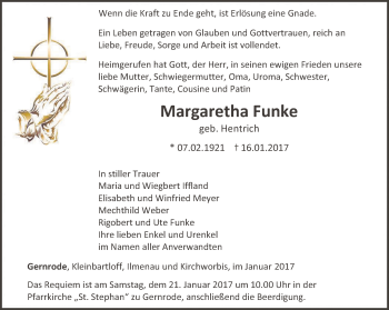 Traueranzeige von Margaretha Funke von Thüringer Allgemeine