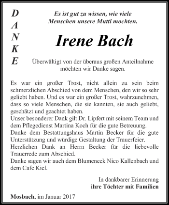 Traueranzeige von Irene Bach von Thüringer Allgemeine, Thüringische Landeszeitung