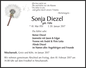 Traueranzeige von Sonja Diezel von Ostthüringer Zeitung