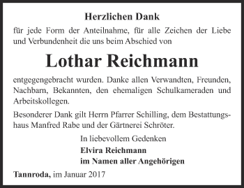 Traueranzeige von Lothar Reichmann von Thüringer Allgemeine, Thüringische Landeszeitung