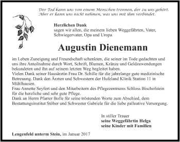 Traueranzeige von Augustin Dienemann von Thüringer Allgemeine, Thüringische Landeszeitung