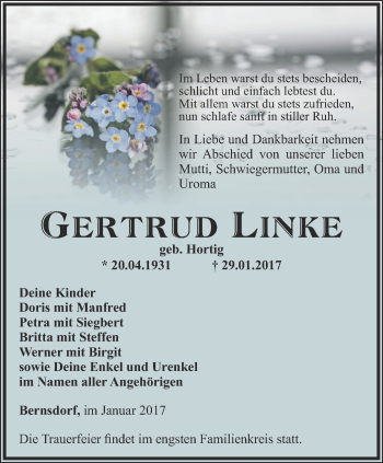 Traueranzeige von Gertrud Linke von Ostthüringer Zeitung