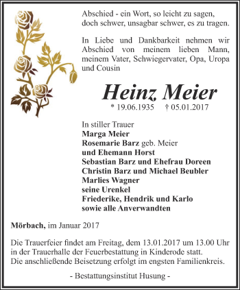 Traueranzeige von Heinz Meier von Thüringer Allgemeine
