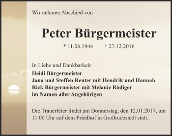 Traueranzeige von Peter Bürgermeister von Thüringer Allgemeine, Thüringische Landeszeitung