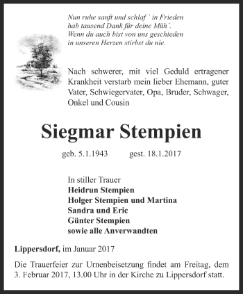 Traueranzeige von Siegmar Stempien von Ostthüringer Zeitung