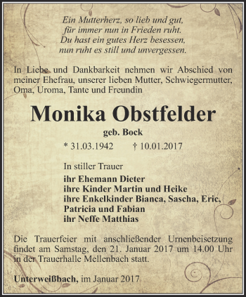 Traueranzeige von Monika Obstfelder von Ostthüringer Zeitung