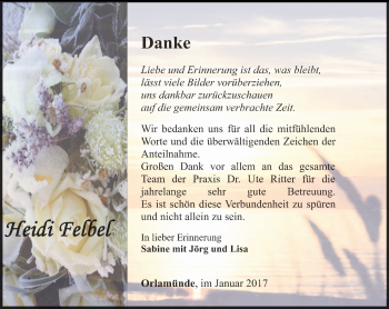 Traueranzeige von Heidi Felbel von Ostthüringer Zeitung, Thüringische Landeszeitung
