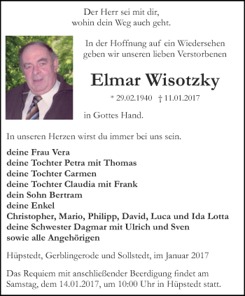 Traueranzeige von Elmar Wisotzky von Thüringer Allgemeine