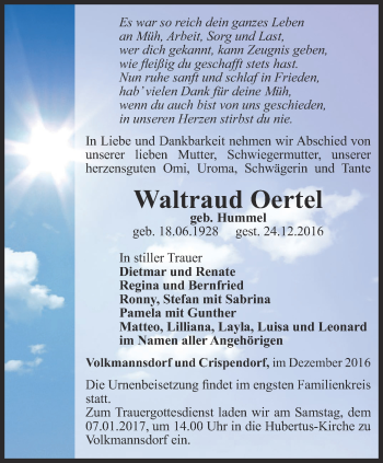 Traueranzeige von Waltraud Oertel von Ostthüringer Zeitung