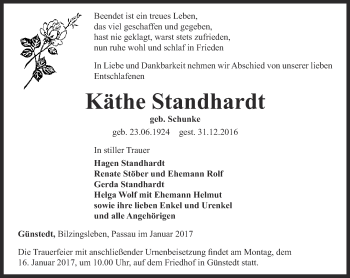 Traueranzeige von Käthe Standhardt von Thüringer Allgemeine