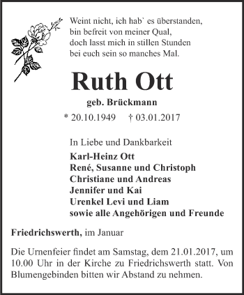 Traueranzeige von Ruth Ott von Ostthüringer Zeitung, Thüringische Landeszeitung