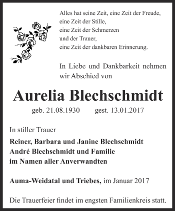 Traueranzeige von Aurelia Blechschmidt von Ostthüringer Zeitung