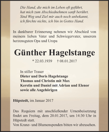 Traueranzeige von Günther Hagelstange von Thüringer Allgemeine, Thüringische Landeszeitung