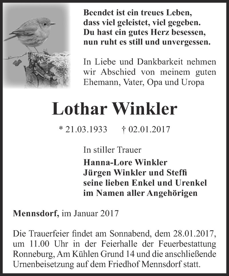  Traueranzeige für Lothar Winkler vom 05.01.2017 aus Ostthüringer Zeitung