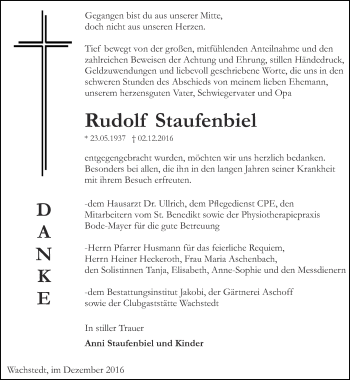 Traueranzeige von Rudolf Staufenbiel von Thüringer Allgemeine