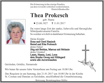 Traueranzeige von Thea Prokesch von Thüringer Allgemeine