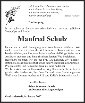 Traueranzeige von Manfred Schulz von Thüringer Allgemeine, Thüringische Landeszeitung