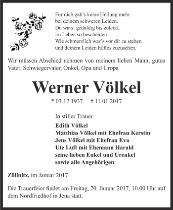 Traueranzeige von Werner Völkel von Ostthüringer Zeitung, Thüringische Landeszeitung