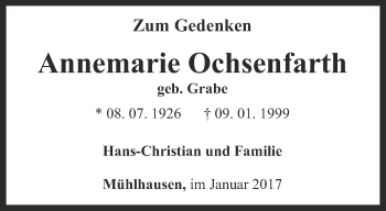 Traueranzeige von Annemarie Ochsenfarth von Thüringer Allgemeine, Thüringische Landeszeitung