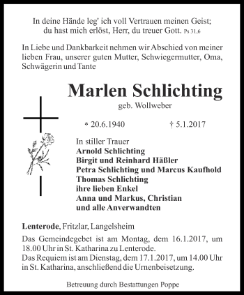 Traueranzeige von Marlen Schlichting von Thüringer Allgemeine