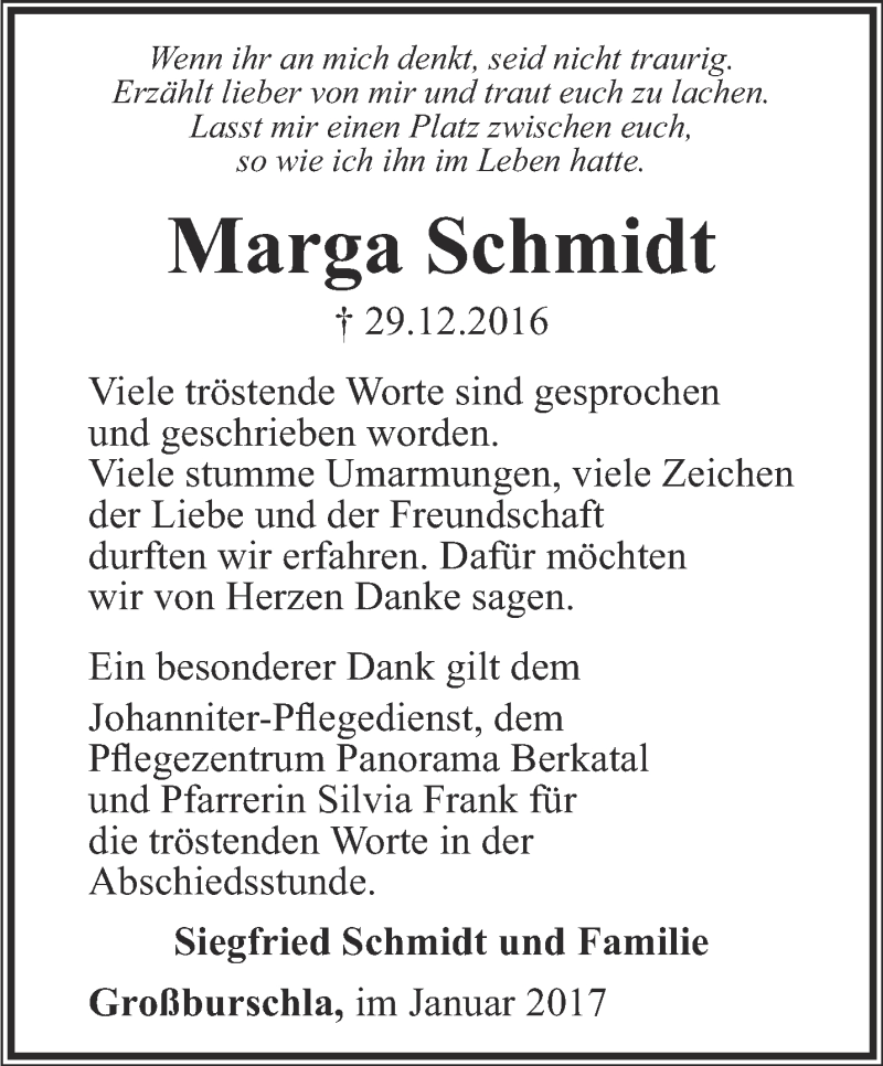  Traueranzeige für Marga Schmidt vom 28.01.2017 aus Thüringer Allgemeine, Thüringische Landeszeitung