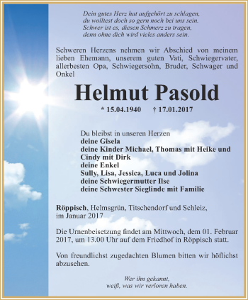 Traueranzeige von Helmut Pasold von Ostthüringer Zeitung