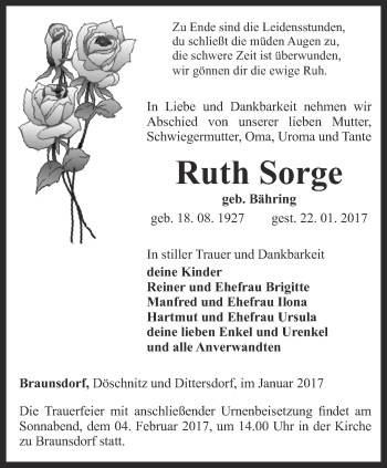 Traueranzeige von Ruth Sorge von Ostthüringer Zeitung