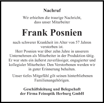 Traueranzeige von Frank Posnien von Thüringer Allgemeine