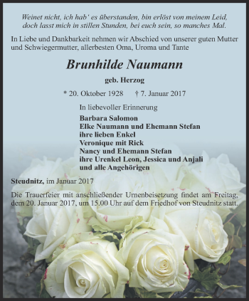 Traueranzeige von Brunhilde Naumann von Ostthüringer Zeitung, Thüringische Landeszeitung