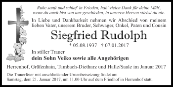 Traueranzeige von Siegfried Rudolph von Ostthüringer Zeitung, Thüringische Landeszeitung