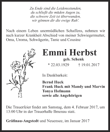 Traueranzeige von Emmi Herbst von Thüringer Allgemeine