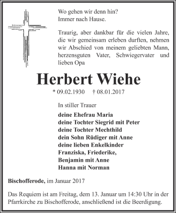 Traueranzeige von Herbert Wiehe von Thüringer Allgemeine