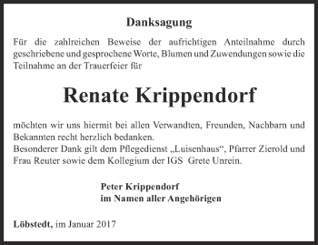 Traueranzeige von Renate Krippendorf von Ostthüringer Zeitung, Thüringische Landeszeitung